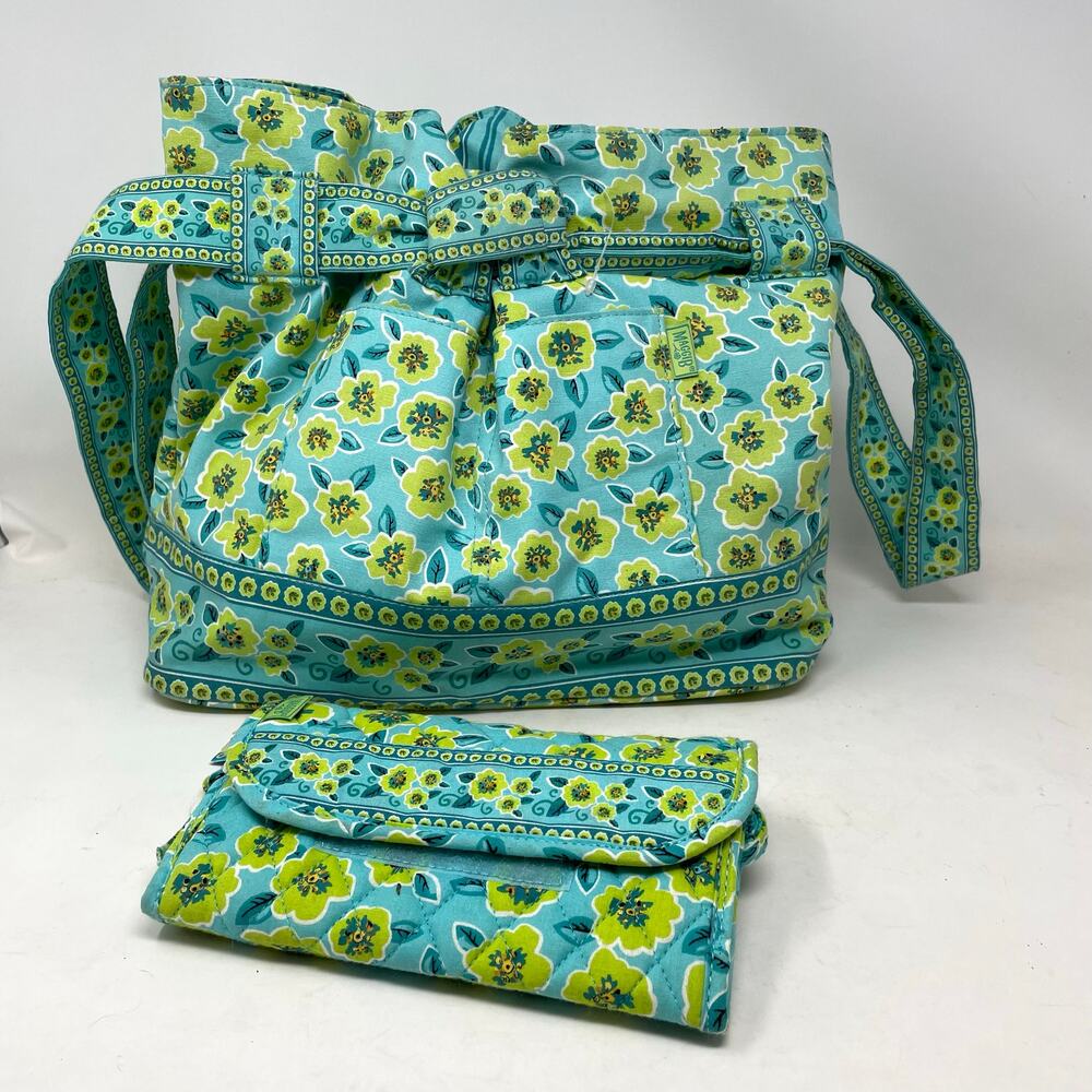 Maggi B by Ganz French Country Kiwi Blossom Drawstring Purse And Wallet Set New